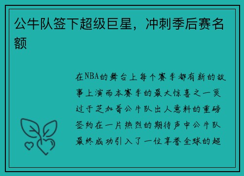 公牛队签下超级巨星，冲刺季后赛名额