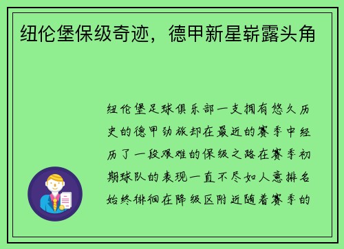 纽伦堡保级奇迹，德甲新星崭露头角